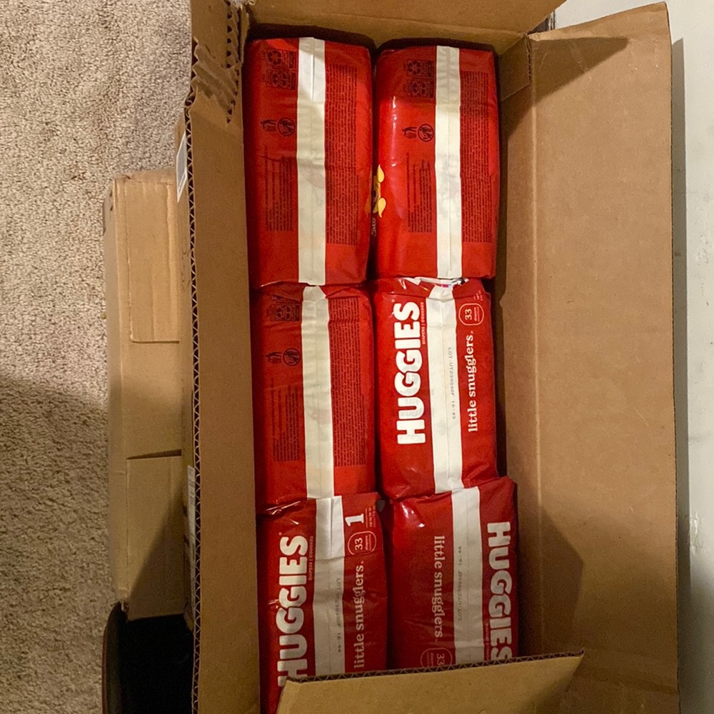 SOLD!! Entire box of Huggies Size 1 diapers. All packs are unopened